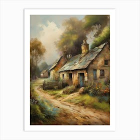 The old British countryside, a work of wall art dating back to 1960, with all its details and colours. The farm is an old oil painting in faded oil colours.4 Art Print