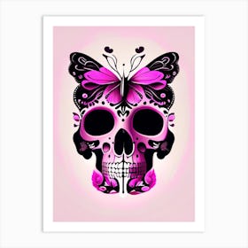 Skull With Butterfly Motifs Pink 2 Mexican Art Print