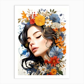 Floral Elegance A Womans Portrait Blooms Art Print