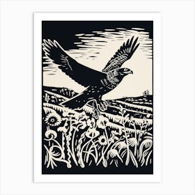 B&W Bird Linocut Harrier 1 Art Print