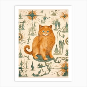 Ginger Cat On Medieval Map With Compasses Art Print