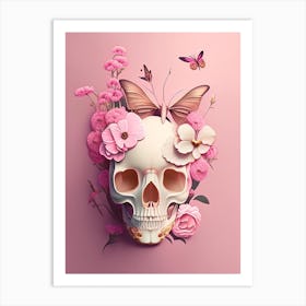 Skull With Butterfly Motifs Pink 1 Vintage Floral Art Print