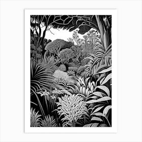 The Royal Botanic Garden, 1, Cranbourne, Australia Linocut Black And White Vintage Art Print