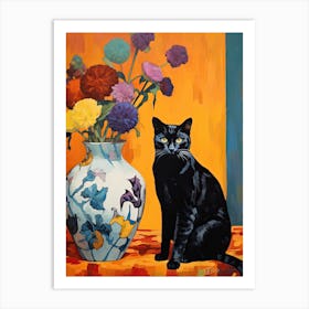 Forget Me Not Flower Vase And A Cat, A Painting In The Style Of Matisse 0 Art Print