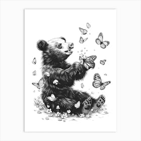Malayan Sun Bear Cub Playing With Butterflies Ink Illustration 1 Art Print