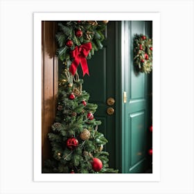 Extreme Close Up Photo Of A Festive Room Shelf Adorned With Lush Christmas Wreaths Positioned To Th Art Print