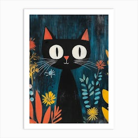 Black Cat In Flowers Art Print