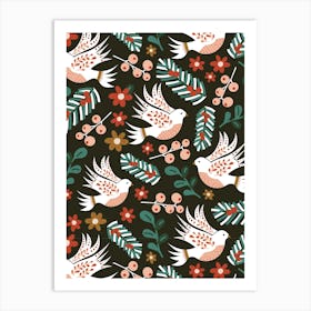 Folk Art Christmas White Doves and Winter Florals on Black Art Print