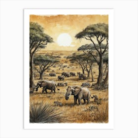 Elephants In The Savannah Art Print