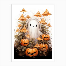 Cute Bedsheet Ghost, Botanical Halloween Watercolour 49 Art Print