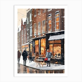 Amsterdam cafes, winter season, Christmas, autumn oil colors, pale colors, pedestrians in the street, winter clothes, falling snow.1 2 Art Print