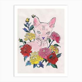 Cute Devon Rex Cat With Flowers Illustration 1 Art Print