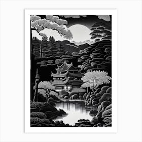Ginkaku Ji, 1, Japan Linocut Black And White Vintage Art Print
