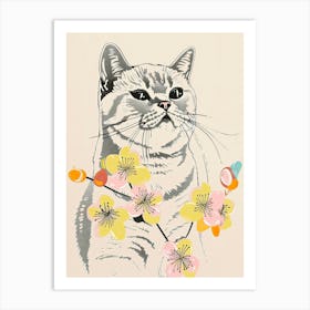 Cute British Shorthair Cat With Flowers Illustration 3 Art Print