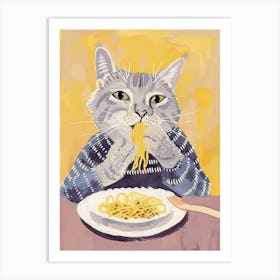 Grey Cat Eating Pasta Folk Illustration 1 Art Print