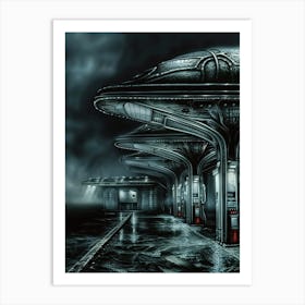 Futuristic Gas Station in the Rain Art Print