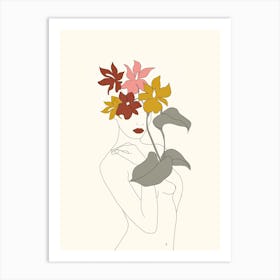 Colorful Thoughts Minimal Line Art Woman With Flowers V Art Print