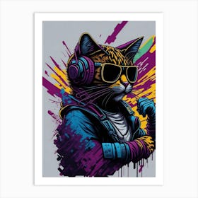 Cat With Headphones Art Print