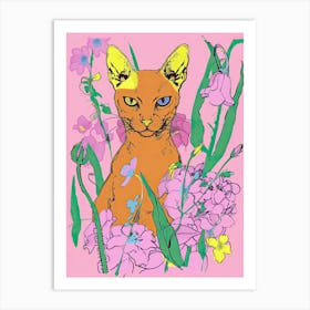 Cute Abyssinian Cat With Flowers Illustration 2 Art Print