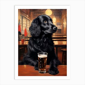 Flat-coated Retriever Watercolor Portrait Drinking Beer in a Pub Flatty Art Print