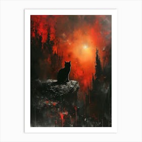 Cat On A Rock, Bichromatic, Surrealism, Impressionism Art Print