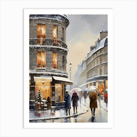 Paris cafes, winter season, Christmas, autumn oil colors, pale colors, pedestrians in the street, winter clothes, falling snow.Christmas decorations.12 1 Art Print