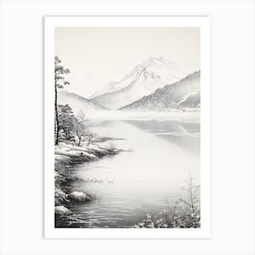 Kamikochi In Nagano In Nagano, Ukiyo E Black And White Line Art Drawing 1 Art Print