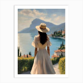 Woman at Lake Garda Painting in Beautiful Dress and Straw Hat 1 Art Print