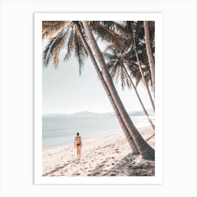 Woman Walking On Beach With Palm Trees Art Print
