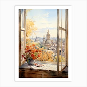 Window View Of Sofia Bulgaria In Autumn Fall, Watercolour 1 Art Print