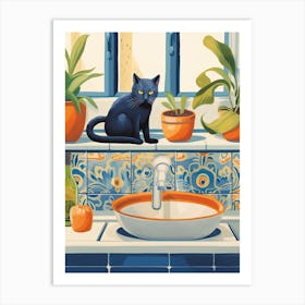 Black Cat In The Kitchen Sink, Mediterranean Style 4 Art Print