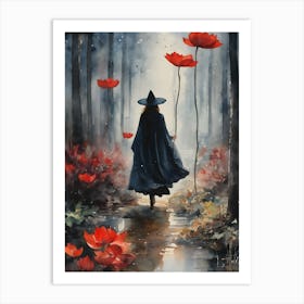 Witch Running In Red Lotus Woods ~ Witchy Artwork of a Black Cloaked Witch Figure Hurrying Through Mysterious Enchanted Moonlit Forest Filled With Wonderland Red Lotus Flowers Fairytale Witchcore Cottagecore Watercolor Art Print