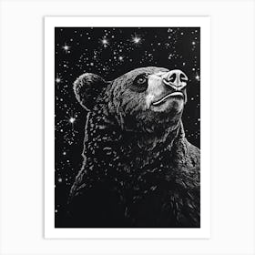 Malayan Sun Bear Looking At A Starry Sky Ink Illustration 3 Art Print