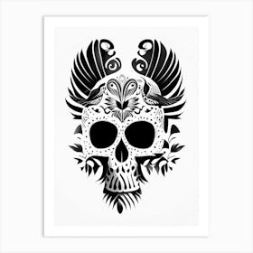 Skull With Bird Motifs Black And White Mexican Art Print