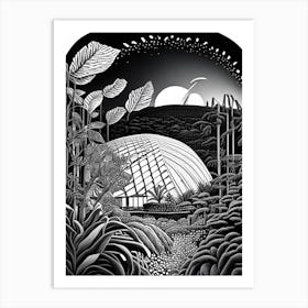 Eden Project, United Kingdom Linocut Black And White Vintage Art Print