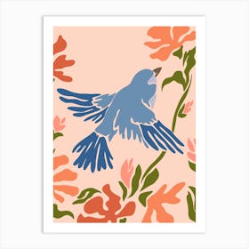 Blue Bird with orange flowers Art Print