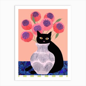 Lazy Black Cat With A Vase With Poppies Illustration Art Print