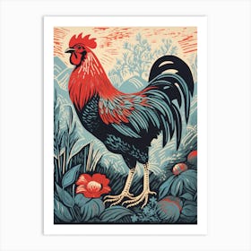 Vintage Bird Linocut Chicken 7 Art Print