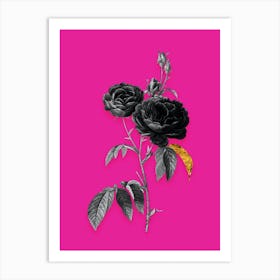 Vintage Purple Roses Black and White Gold Leaf Floral Art on Hot Pink n.0161 Art Print