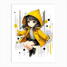 Girl in Yellow Rain Coat - Abstract Line Art Illustration 125 Art Print