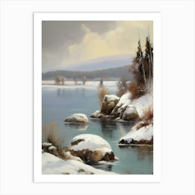 Ancient landscapes, old winter oil paintings and rocks around the lake bank. Snow is falling on the lake, old colors.13 1 Art Print