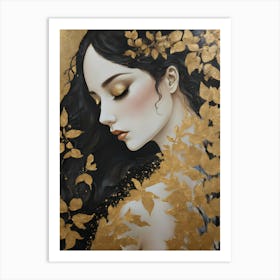 In the Style of Gustav Klimt - Beautiful Woman in Gold Leaf Wearing Back Showing Dress and Flowers, Similar to The Kiss, Tears, Portrait of Adele Bloch, Judith, Fräulein Lieser and Famous Replica Artworks - Perfect For Aesthetic Luxury Gallery Wall or Feature HD 1 Art Print
