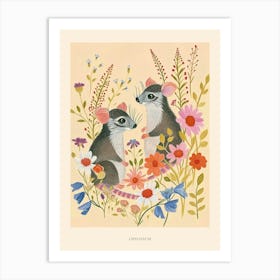 Folksy Floral Animal Drawing Oppossum 2 Poster Art Print