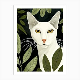 White Cat With Green Leaves Art Print