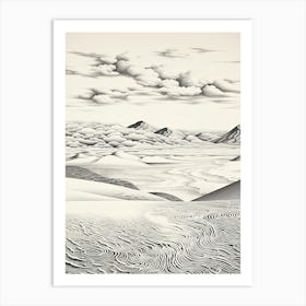 Tottori Sand Dunes In Tottori, Ukiyo E Black And White Line Art Drawing 2 Art Print