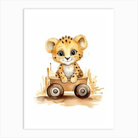 Baby Cheetah On Toy Car, Watercolour Nursery 1 Art Print