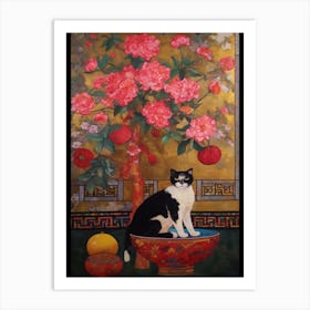 Peony With A Cat 1 Art Nouveau Klimt Style Art Print