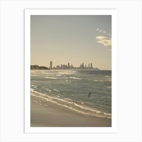 Surfer On The Beach Fujifilm Soft Neutral Colours With Gold Coast Cityscape Art Print