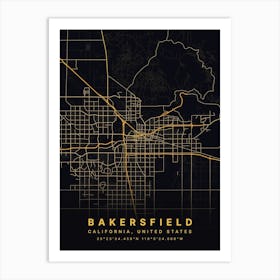 Bakersfield California USA Black And Gold Map Art Print