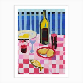 Painting Of A Table With Food And Wine, French Riviera View, Checkered Cloth, Matisse Style 9 Art Print